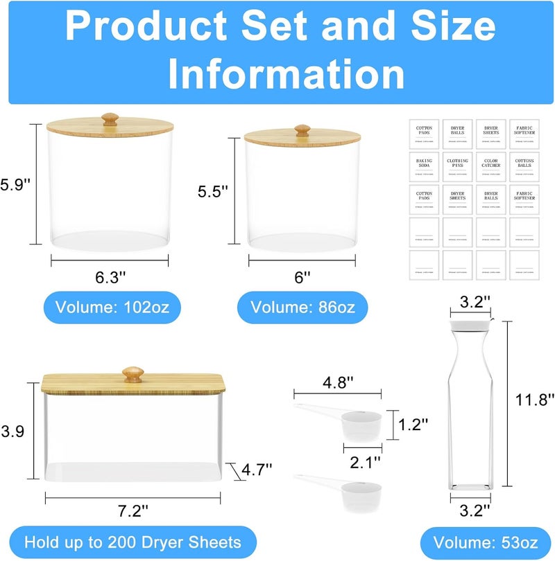 AIKAMI 3+1 Pack Laundry Pods Containers & Dryer Sheet Holder & Laundry Detergent Dispenser, Laundry Room Organization and Storage Jars with Lids, Labels and Scoops for Scent Booster, Powder, Pods - Image 2